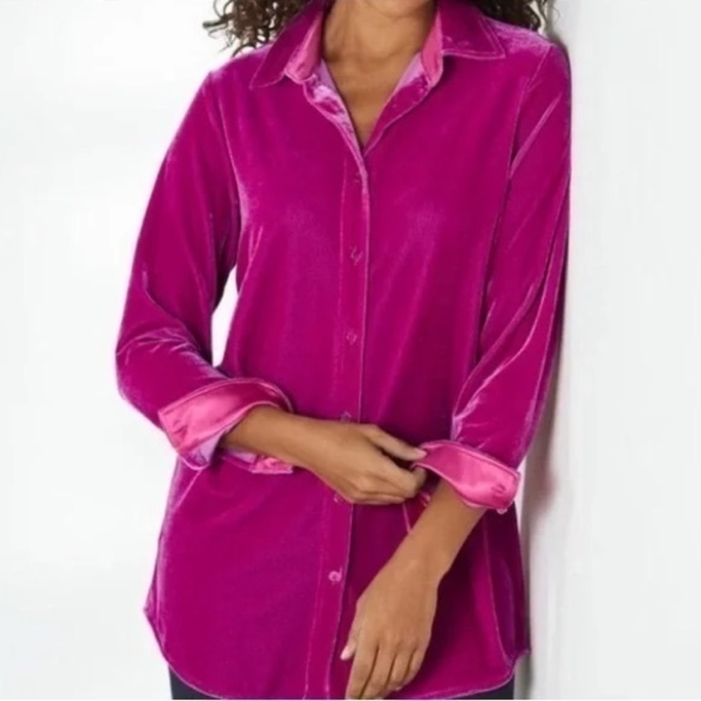 Soft Surroundings size PXS petite XS hot pink velour velvet button down shirt